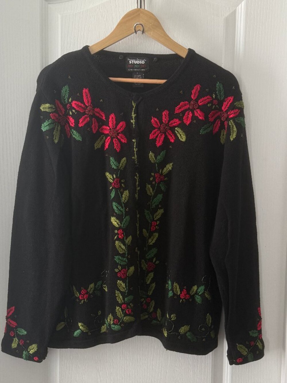 Vintage Designers Originals Studio Christmas Sweater Poinsettias Holiday Size L